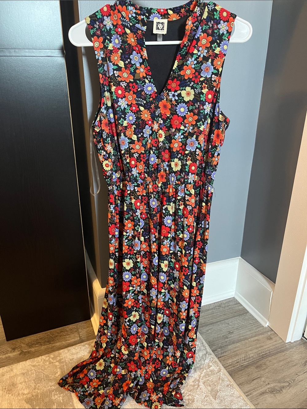 Anne Klein Black Floral V-Neck Maxi Dress